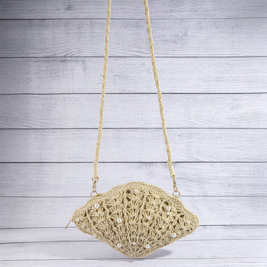 Shell Pearl Beaded Straw Crochet Crossbody Bag