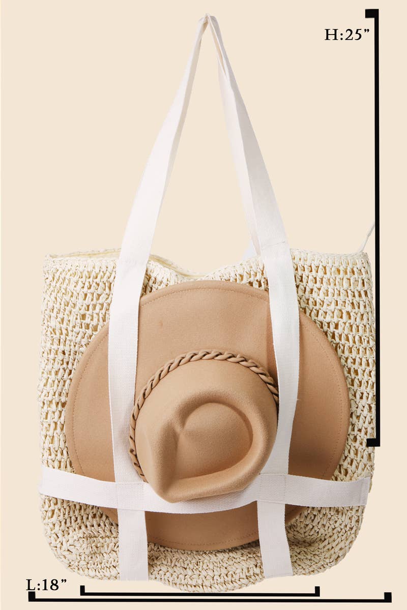 Straw Braided Hat Carrier Tote Bag: Beige and White