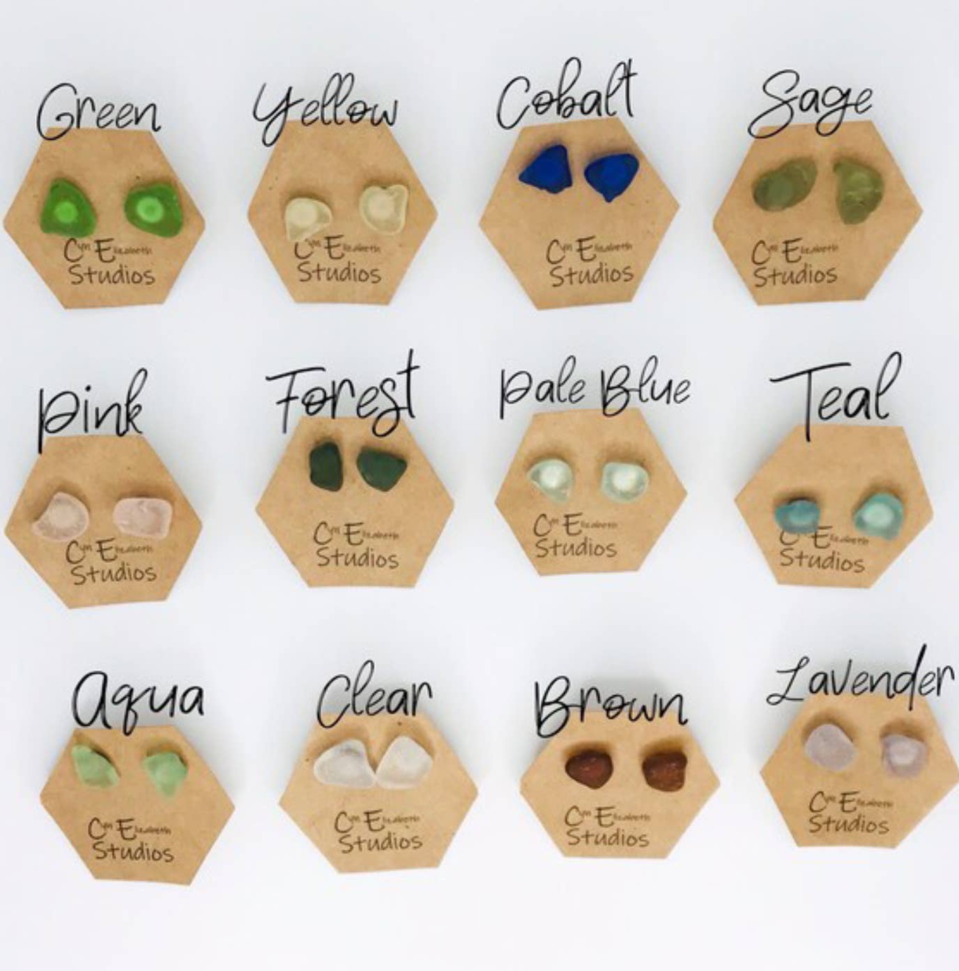 Salted Drops Sea Glass Stud Earrings: Carded on brown cardstock