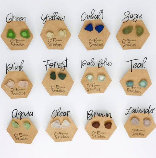 Salted Drops Sea Glass Stud Earrings: Carded on brown cardstock