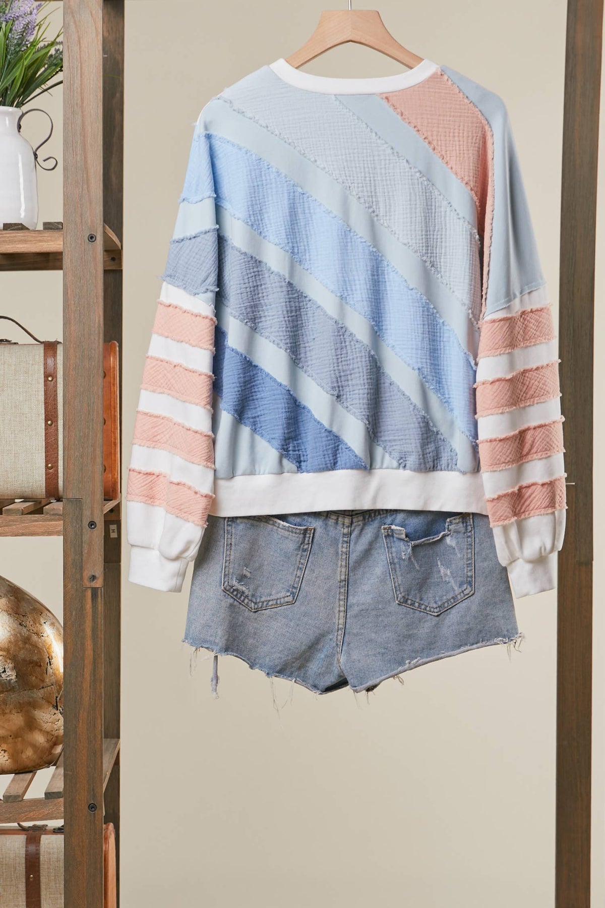 Textured Diagonal Stripe Patchwork Sweatshirt
