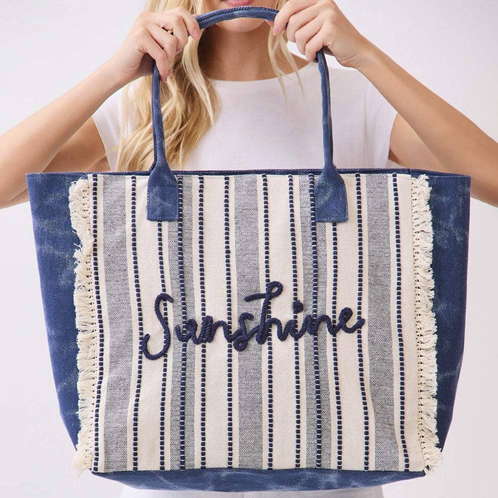 Vintage SUNSHINE Message Stripe Fringe Tote Bag