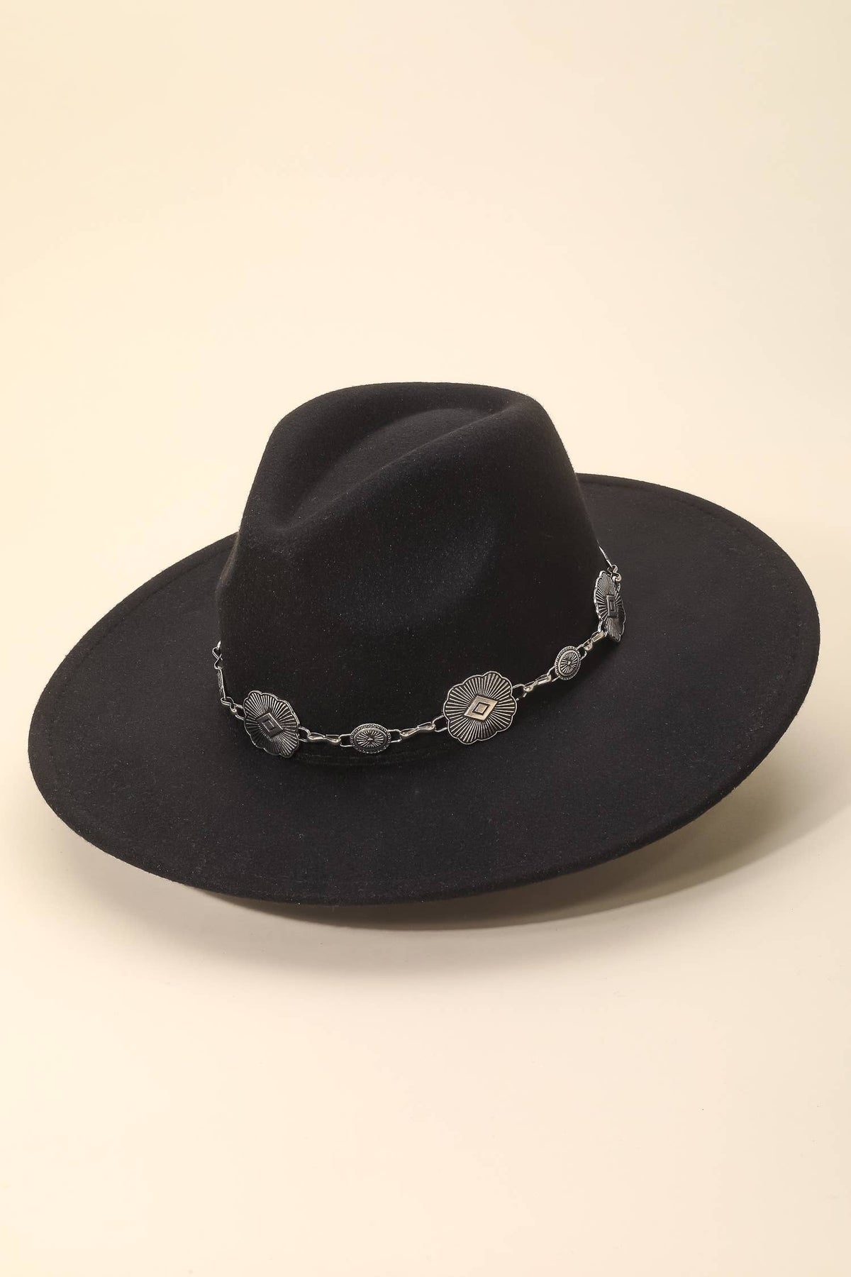 Concho Chain Strap Flat Brim Fedora Fashion Hat