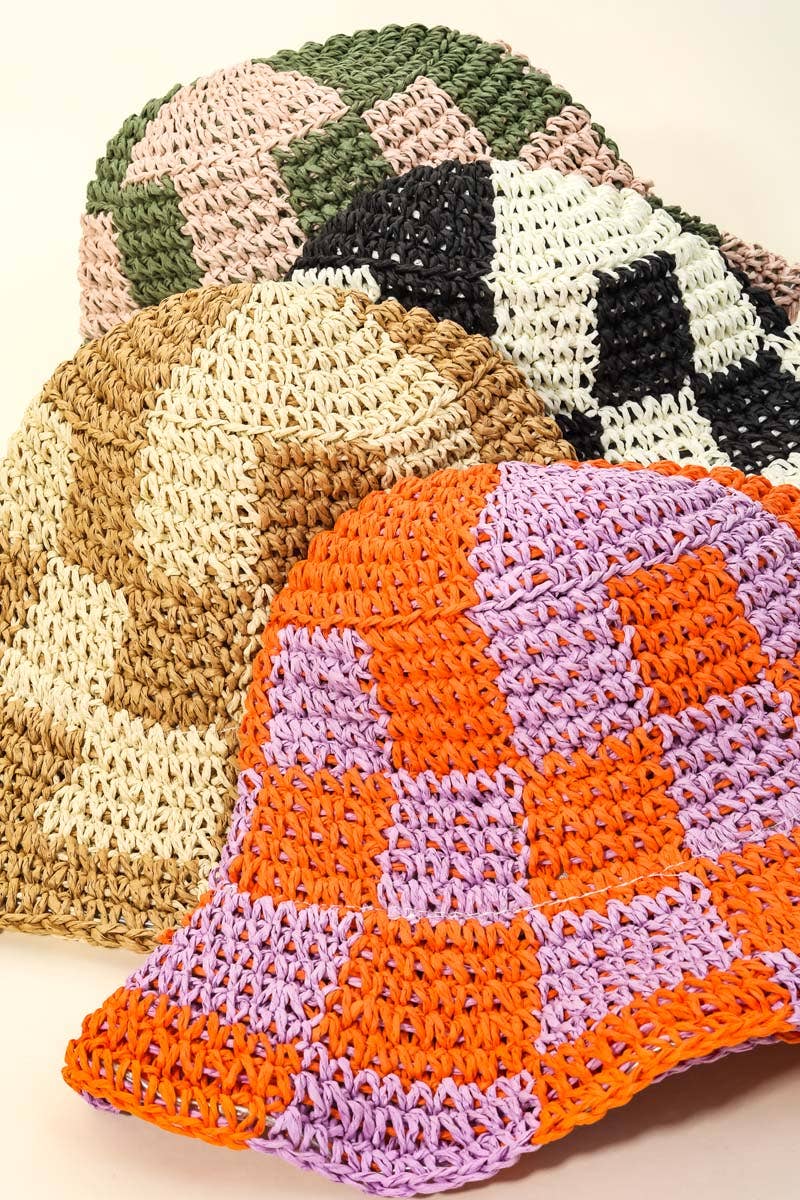 Straw Braided Checkered Bucket Hat