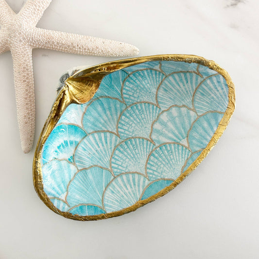 Scallop Pattern Decoupage Clam Shell Trinket Dish