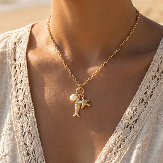 Fish Pearl And Starfish Pendants Necklace