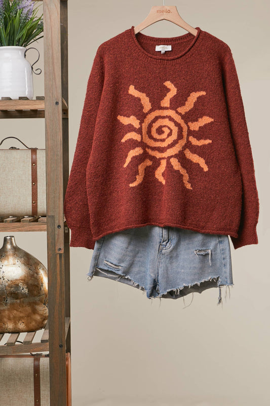 Spiral Sun Graphic Knit Sweater – Rust