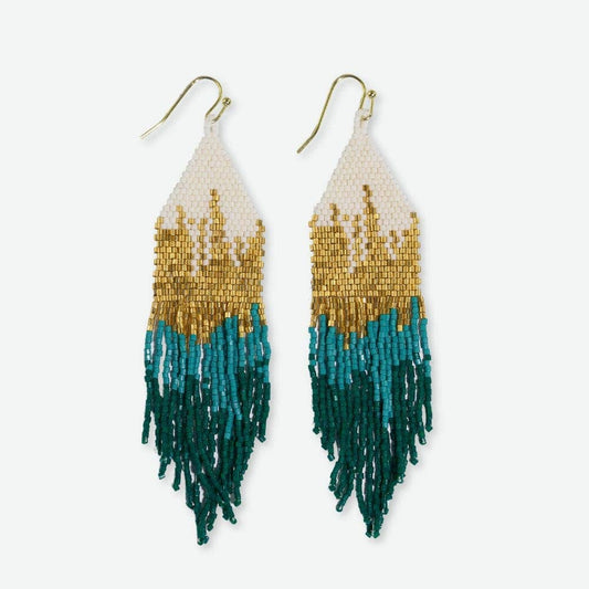 Earrings Gold Claire Ombre Beaded Fringe Emerald Green