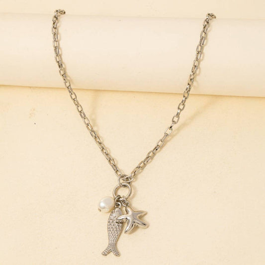 Fish Pearl And Starfish Pendants Necklace