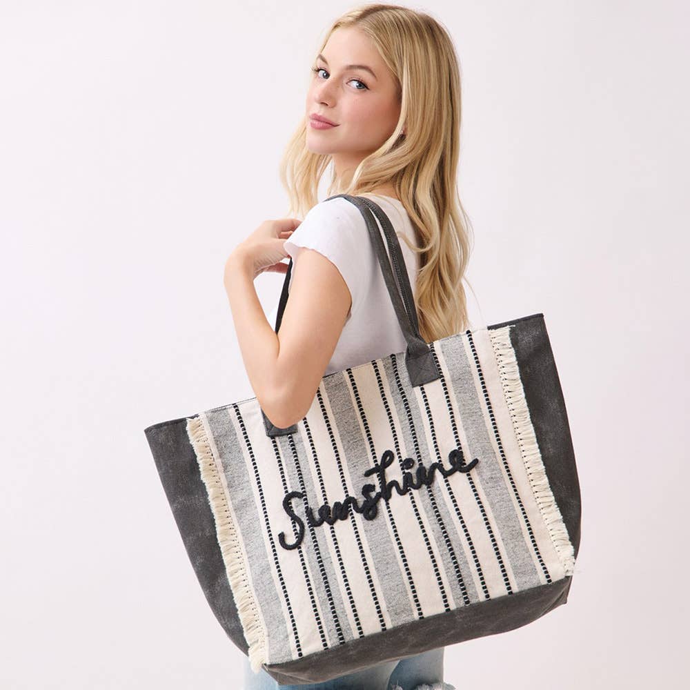 Vintage SUNSHINE Message Stripe Fringe Tote Bag