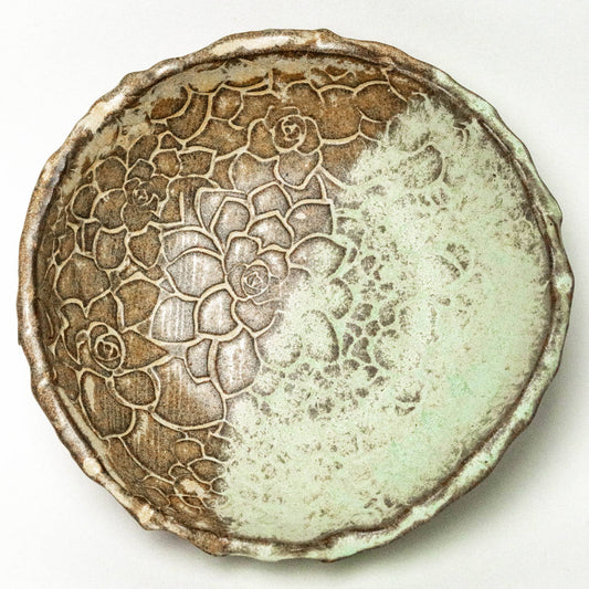 Green Succulent Patterned Ceramic Bowl Handmade