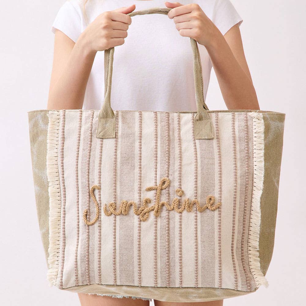 Vintage SUNSHINE Message Stripe Fringe Tote Bag