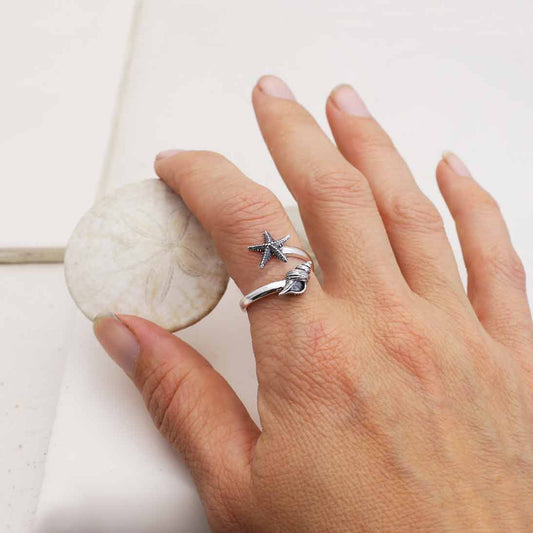 Sterling Silver Adjustable Starfish and Conch Shell Ring