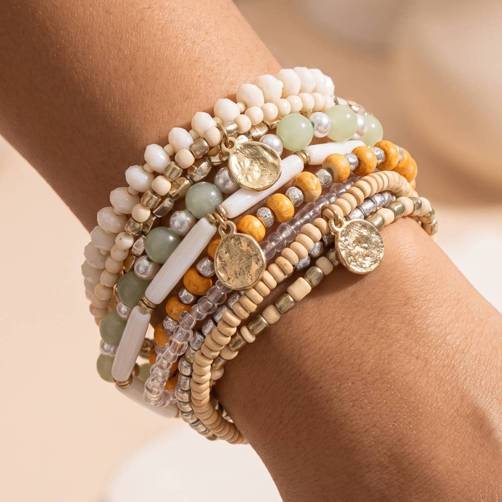Boho Coin Charm Beaded Bracelet Stack Set