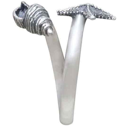 Sterling Silver Adjustable Starfish and Conch Shell Ring
