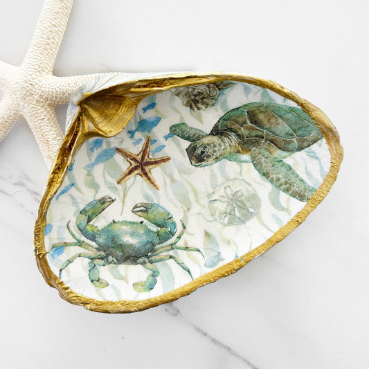 Sea Life Turtle Crab Octopus Decoupage Clam Shell Trinket