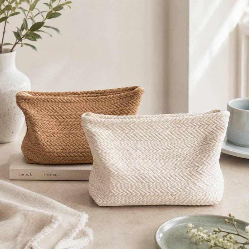 Woven Pattern Cosmetic Bag - Aesthetic Large Storage Pouch