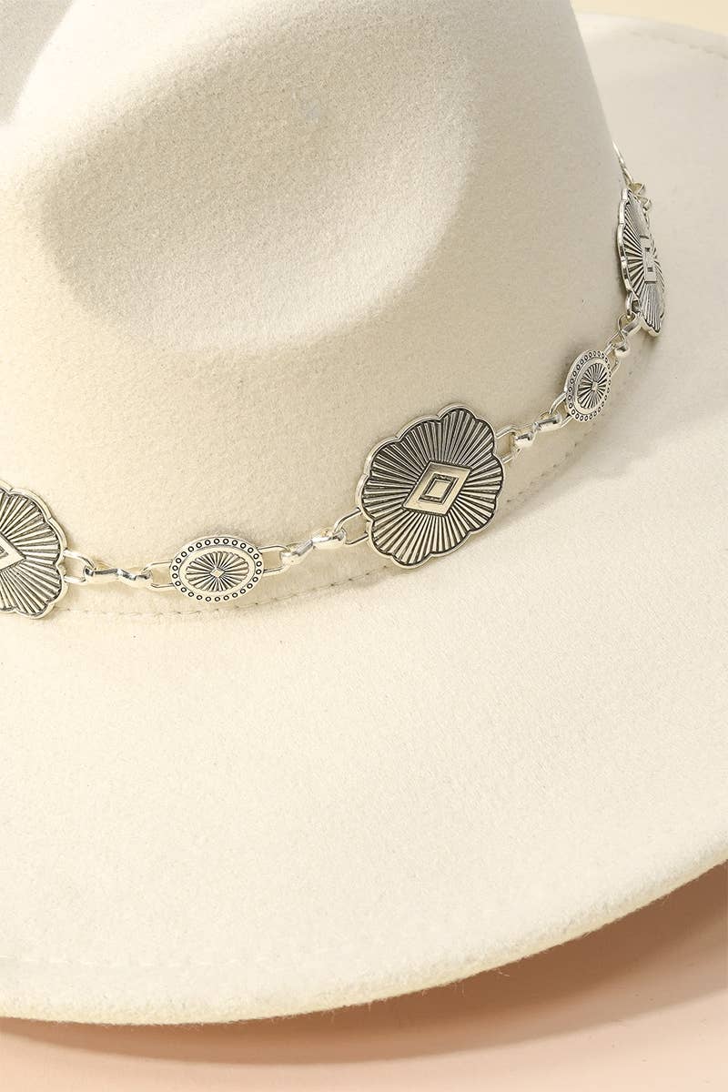 Concho Chain Strap Flat Brim Fedora Fashion Hat