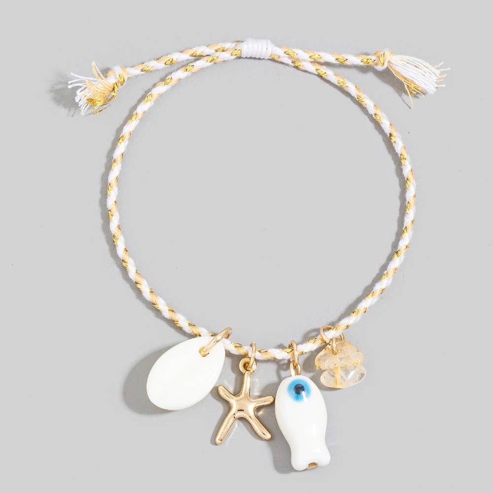 Mixed Metallic And Ceramic Sea Life Charms Cord Bracelet