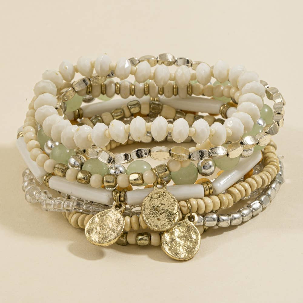 Boho Coin Charm Beaded Bracelet Stack Set