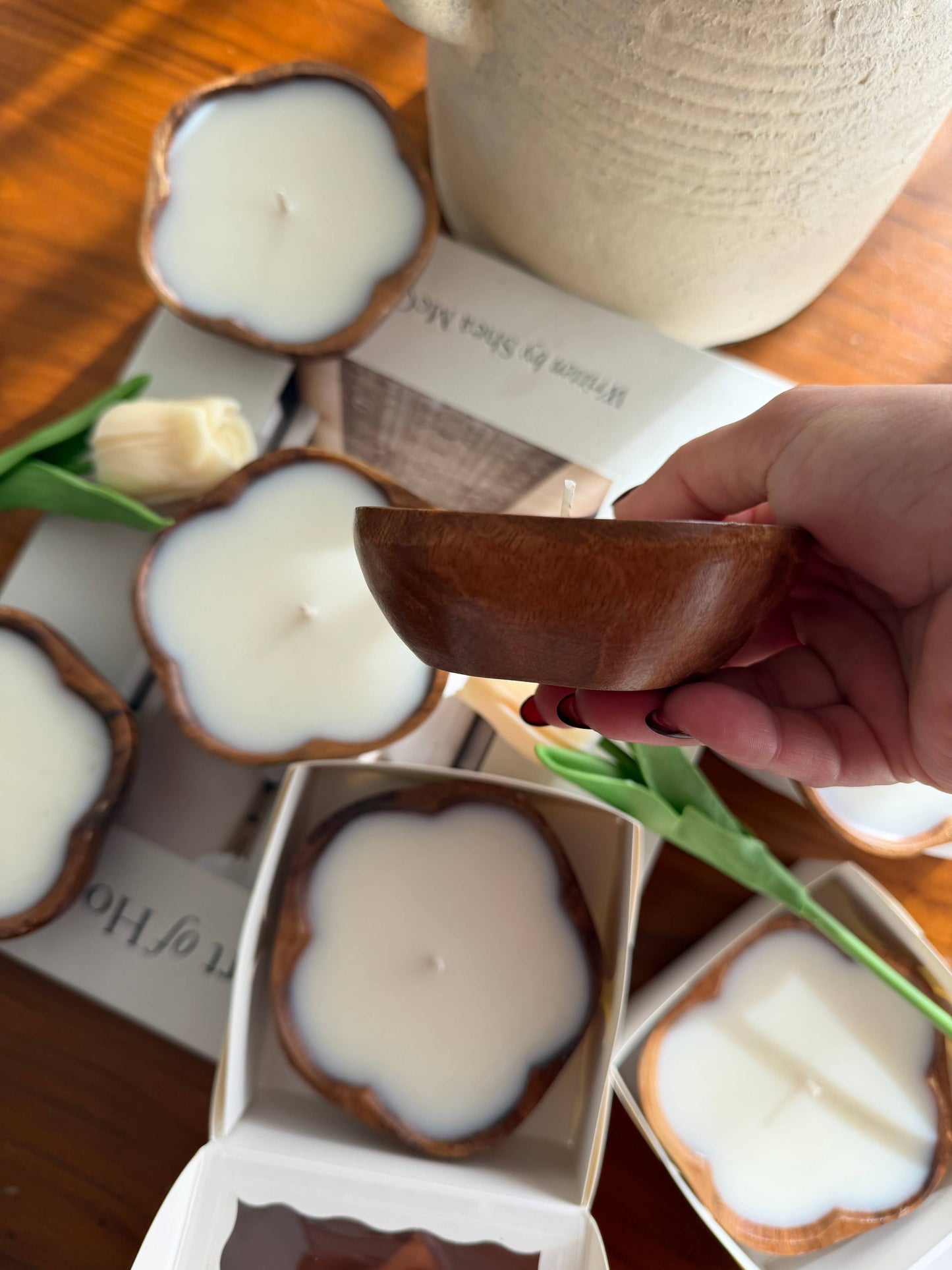 Flower shaped wood bowl candles