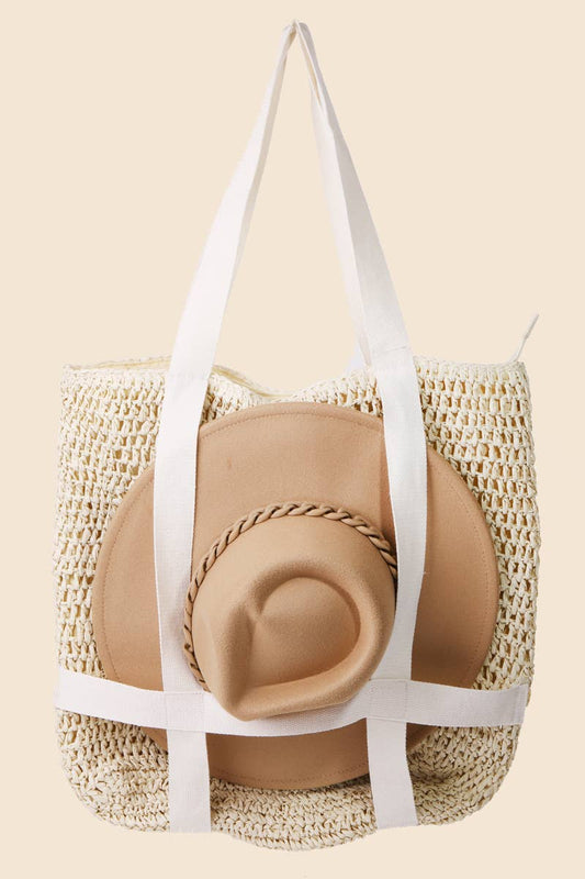 Straw Braided Hat Carrier Tote Bag: Beige and White
