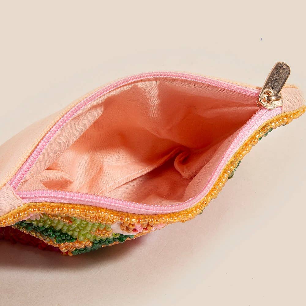 Floral Sequin And Seed Beaded Coin Purse