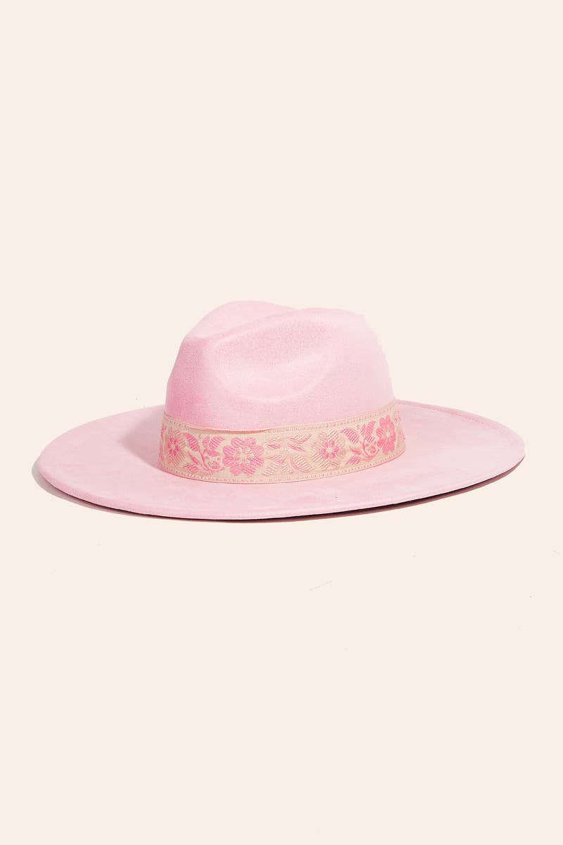 Wide Brim Felt Hat With Floral Ribbon Band