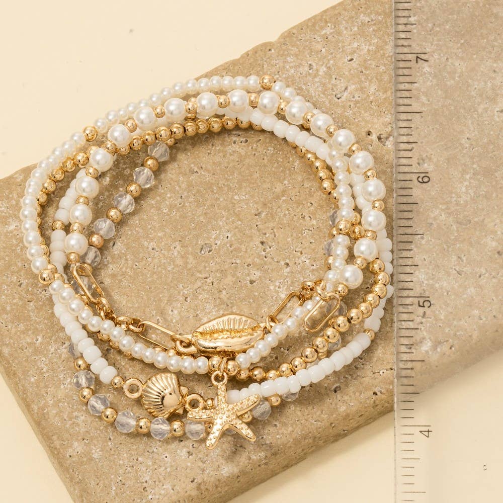 Starfish And Cowrie Shell Mixed Pearl Beaded Bracelet