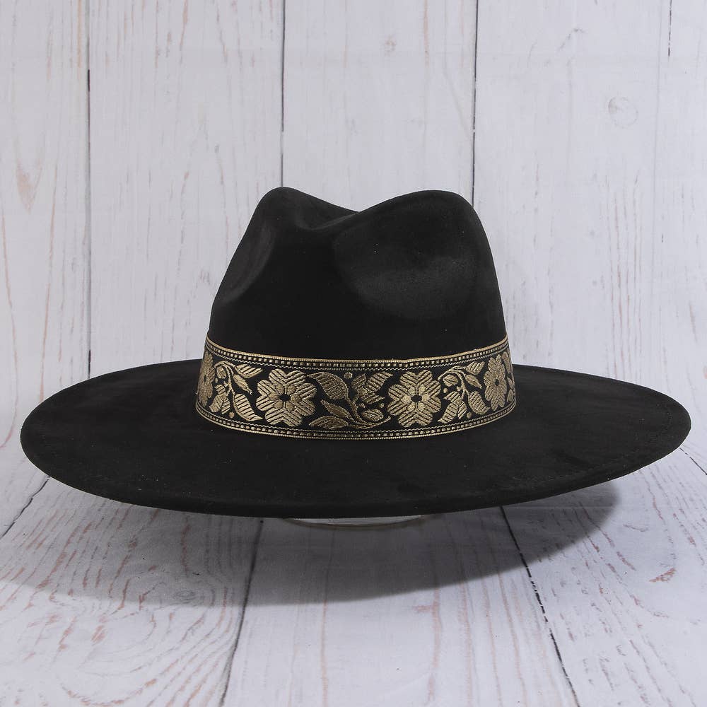 Wide Brim Felt Hat With Floral Ribbon Band