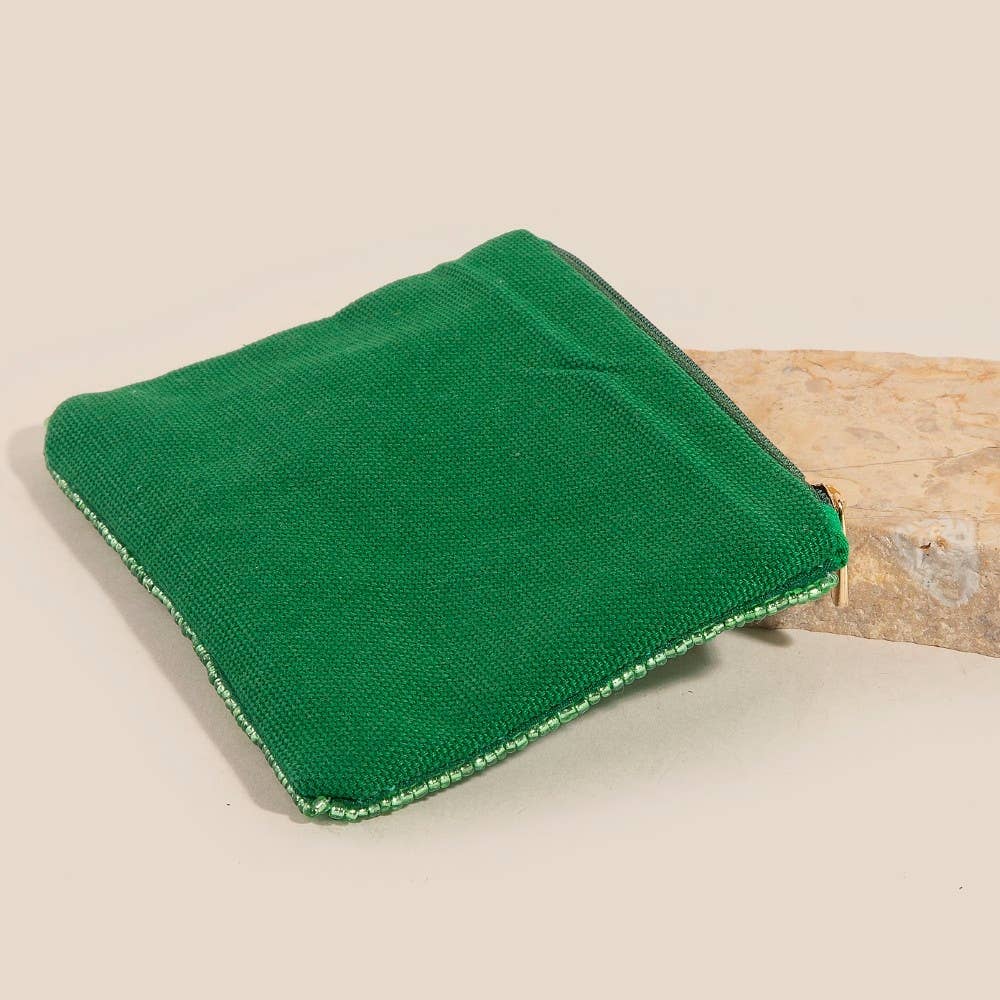 Green Floral Seed Beaded Coin Purse