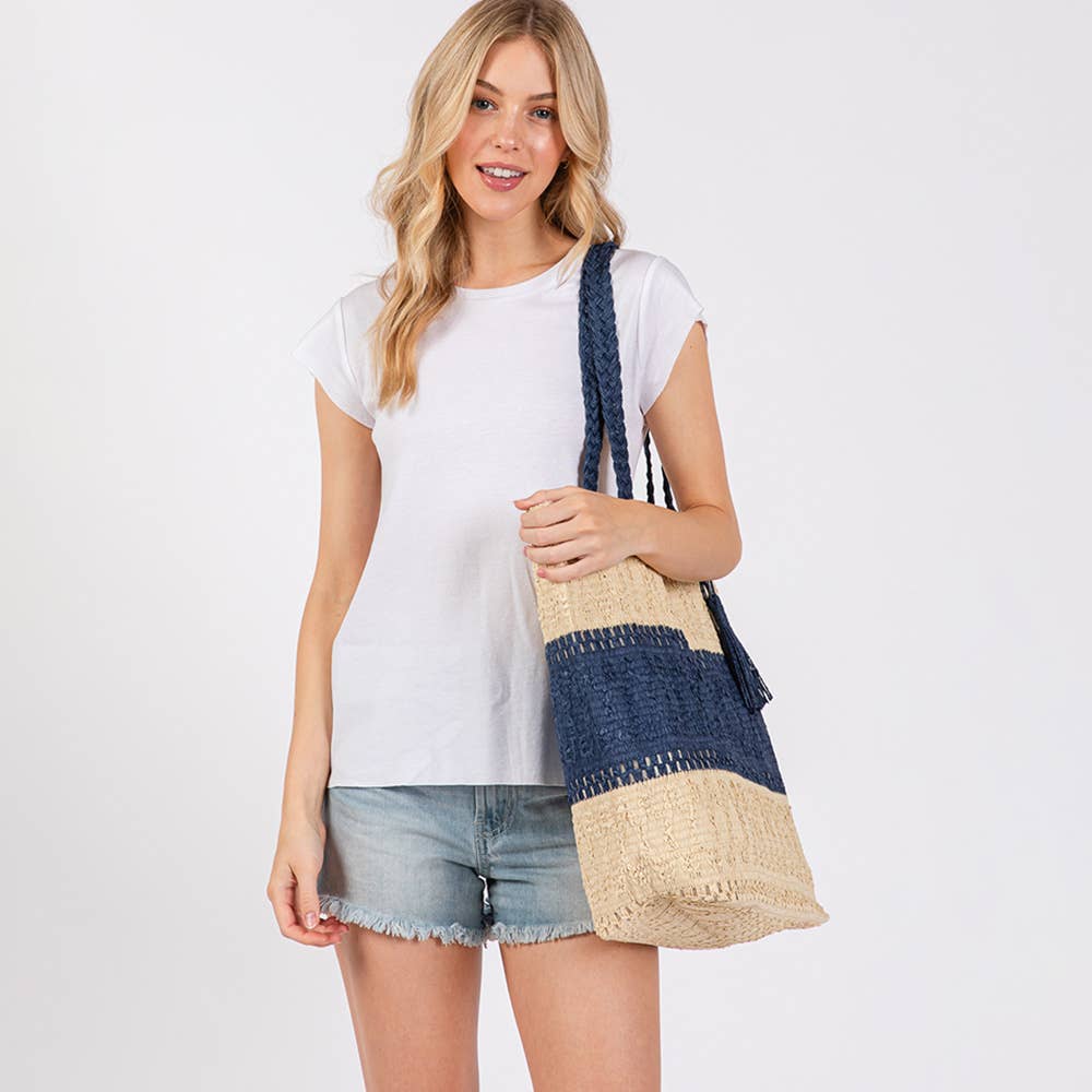 Two Tone Color Block Woven Tassel Straw Tote Bag / Beach Bag