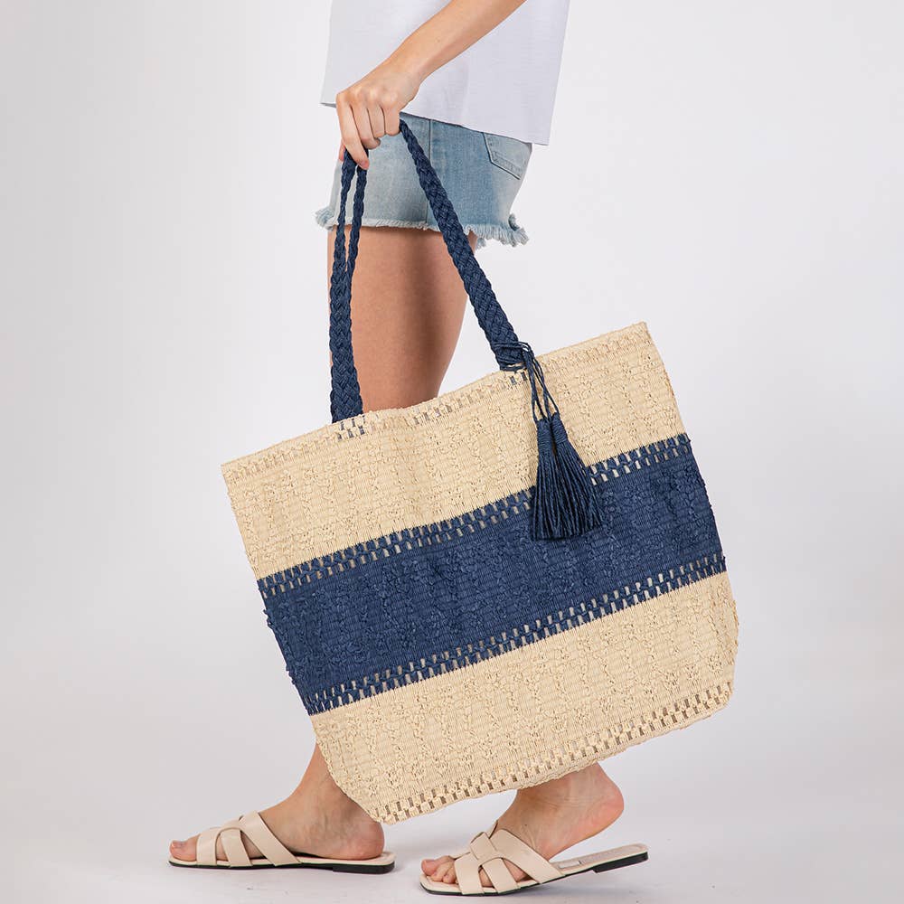 Two Tone Color Block Woven Tassel Straw Tote Bag / Beach Bag