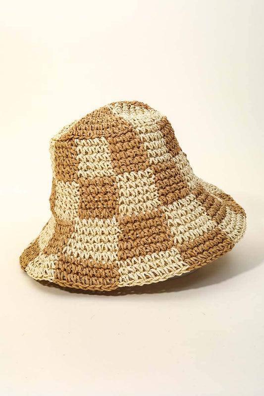 Straw Braided Checkered Bucket Hat