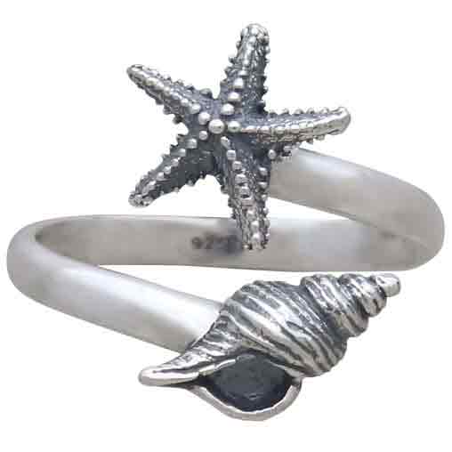 Sterling Silver Adjustable Starfish and Conch Shell Ring