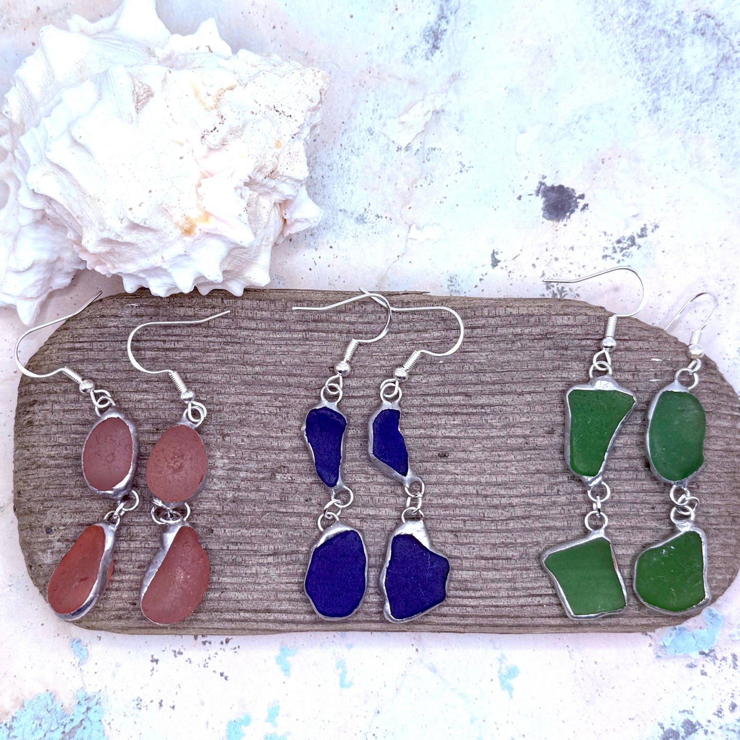 Drift Duo Sea Glass Earrings: Carded on brown cardstock