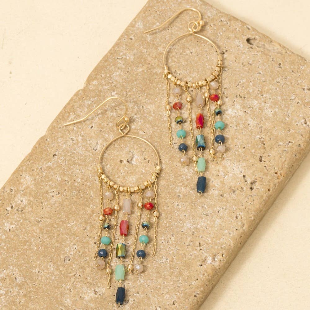 Mixed Glass Beaded Fringe Hoop Dangle Earrings