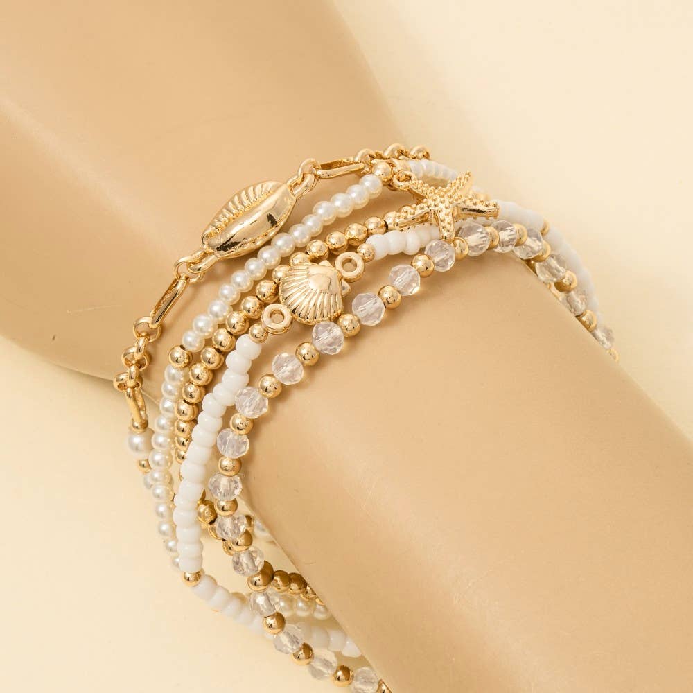 Starfish And Cowrie Shell Mixed Pearl Beaded Bracelet
