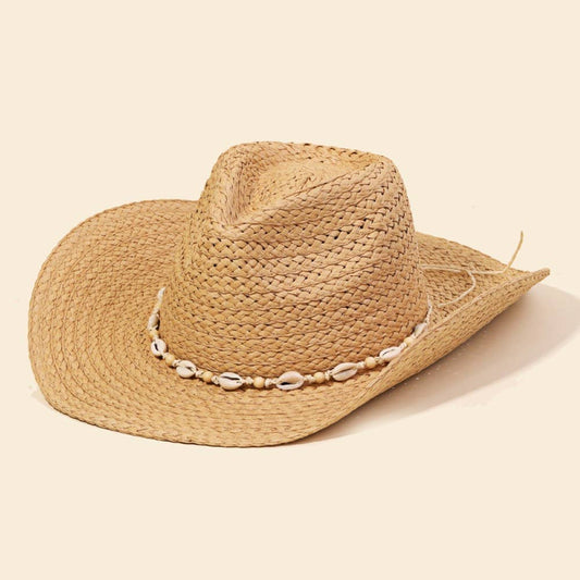Cowrie Shell Straw Braided Cowboy Hat: Khaki